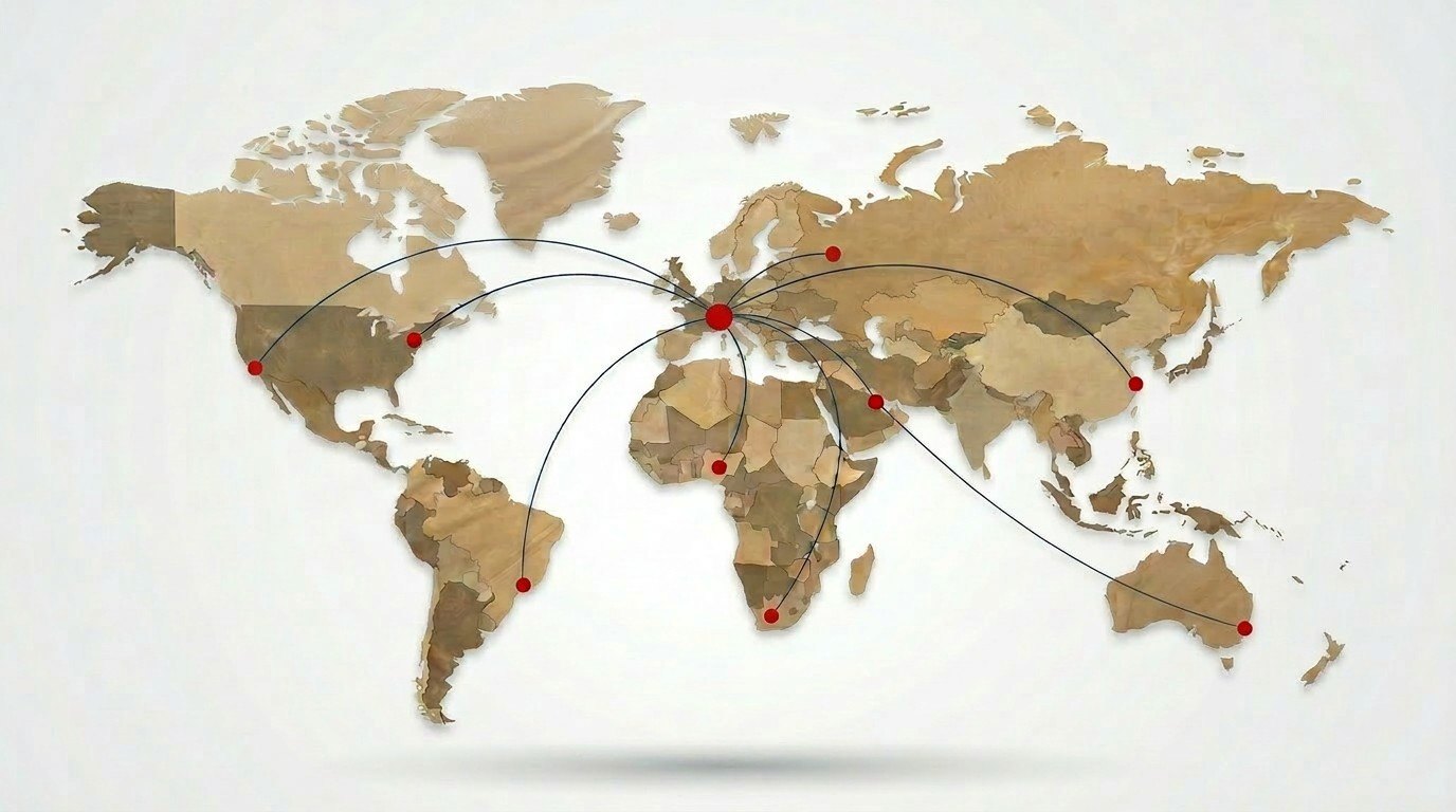 Carte du monde — rayonnement INTERESSENS depuis Grasse vers les marchés export